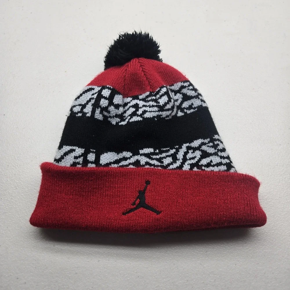 Jordan Boys Beanie YOUTH Red Pom Logo Jumpman Foldover Knit